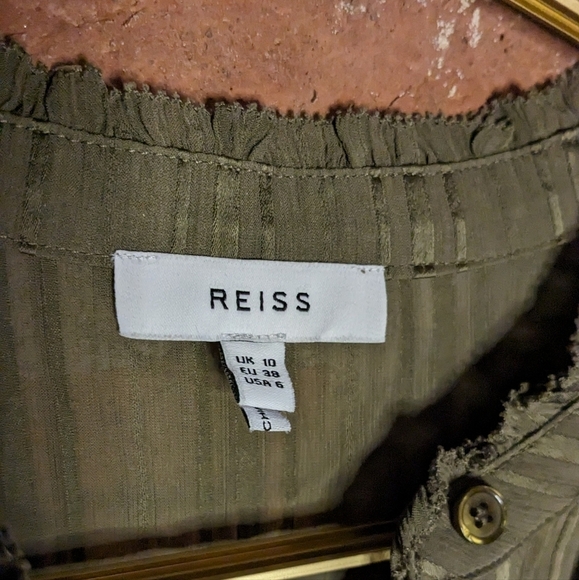 Reiss Size 6 Olive Green Sheer‎ Long Sleeve Ruffled Blouse w/ Belt - Picture 3 of 12